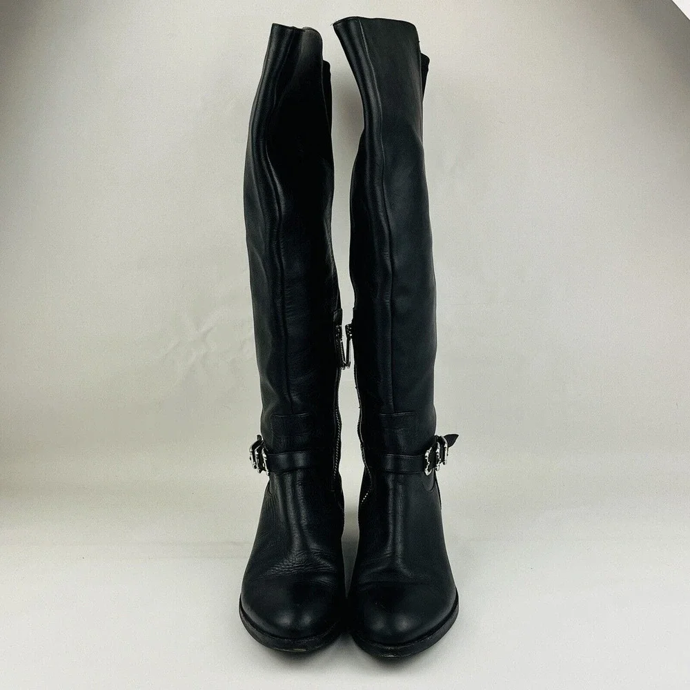 Womens 6M Donald Pliner Nellie Riding Boots Black Leather Knee High Elastic Back